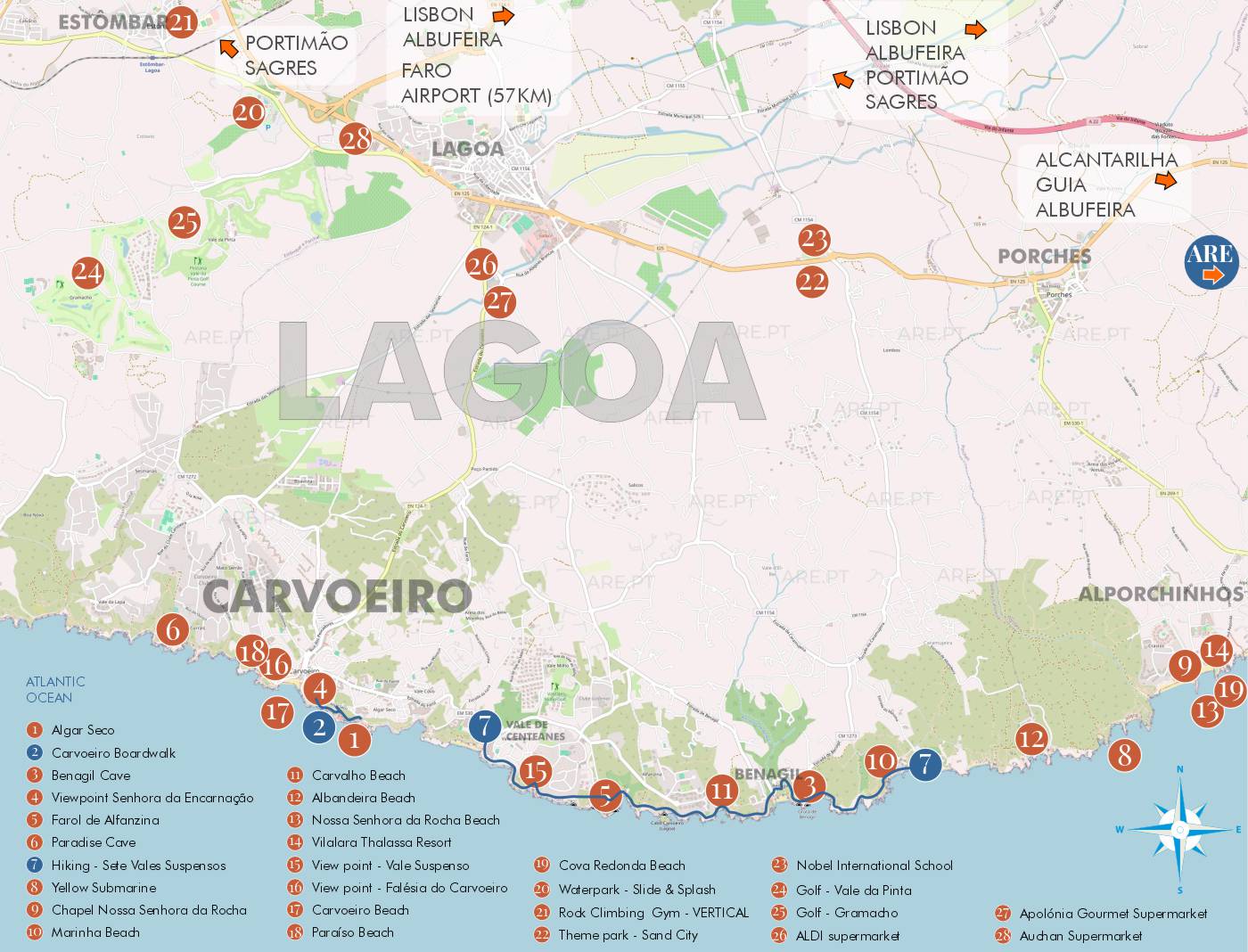 Lagoa & Mapa de lugares útiles de Carvoeiro Portugal
