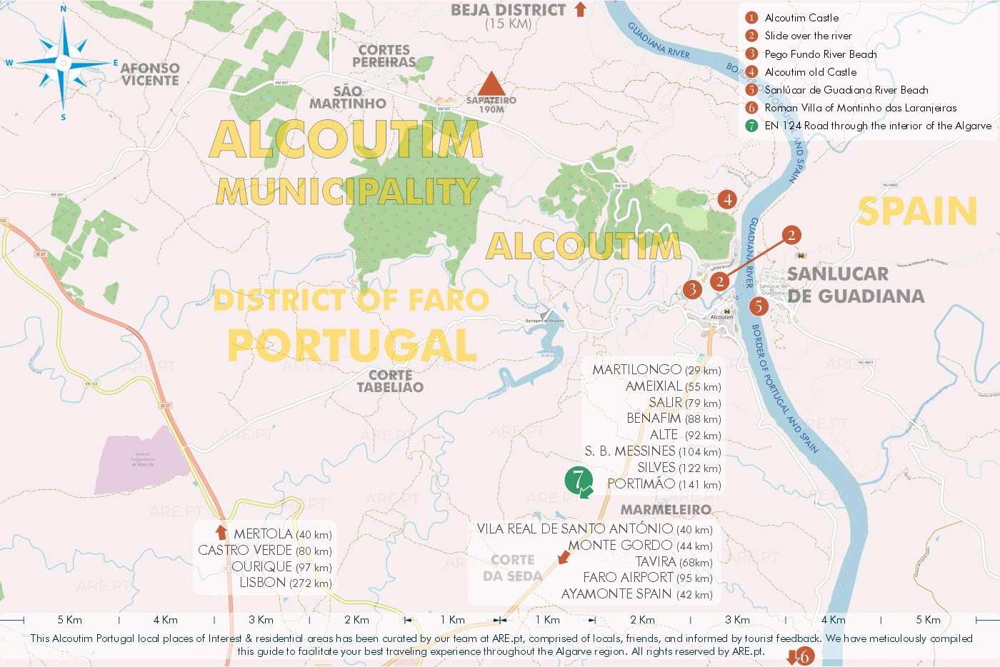Mapa de Alcoutim y alrededores, con principales puntos de interés, ubicaciones útiles y zonas residenciales. Distancias a las principales localidades del sur de Portugal