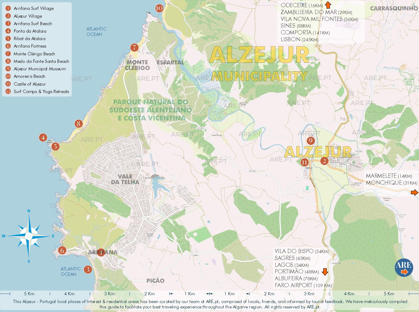 Mapa de Aljezur y alrededores, con principales puntos de interés, ubicaciones útiles y zonas residenciales. Distancias a las principales localidades del sur de Portugal