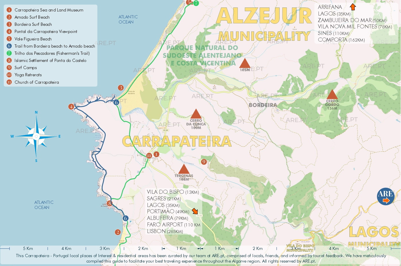Mapa de Carrapateira y alrededores, con principales puntos de interés, ubicaciones útiles y zonas residenciales. Distancias a las principales localidades del sur de Portugal