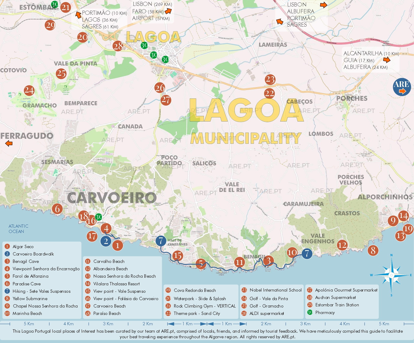 Mapa de Lagoa y alrededores, con principales puntos de interés, ubicaciones útiles y zonas residenciales. Distancias a las principales localidades del sur de Portugal