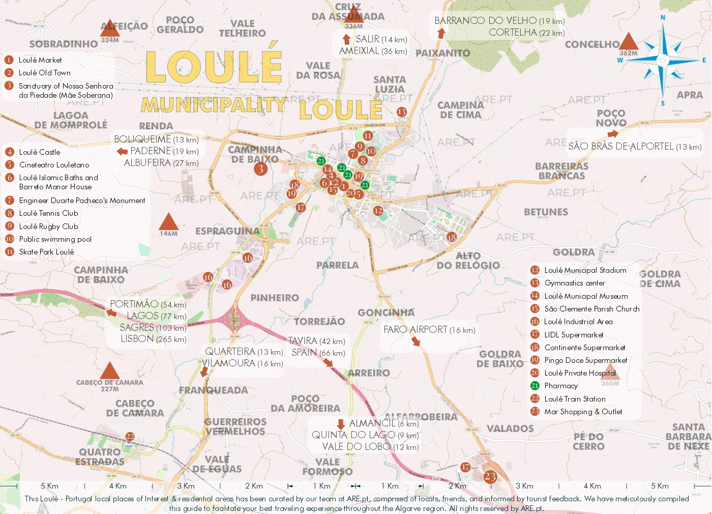 Mapa de la ciudad y alrededores de Loulé, con principales puntos de interés, ubicaciones útiles y zonas residenciales. Distancias a las principales localidades del sur de Portugal