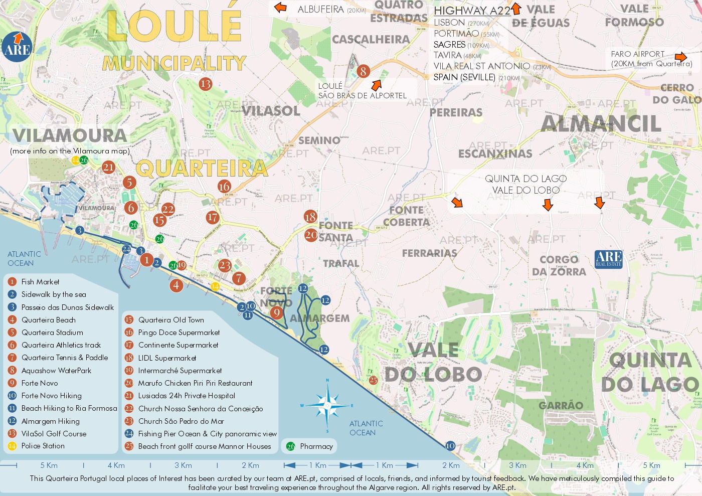 Mapa de Quarteira y alrededores, con principales puntos de interés, ubicaciones útiles y zonas residenciales. Distancias a las principales localidades del sur de Portugal