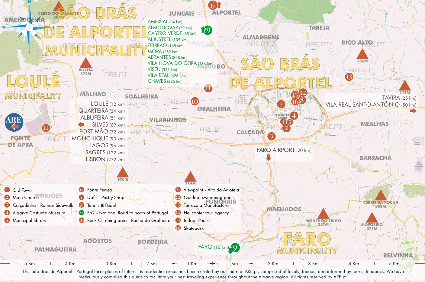 Mapa de São Brás de Alportel y alrededores, con principales puntos de interés, ubicaciones útiles y zonas residenciales. Distancias a las principales localidades del sur de Portugal