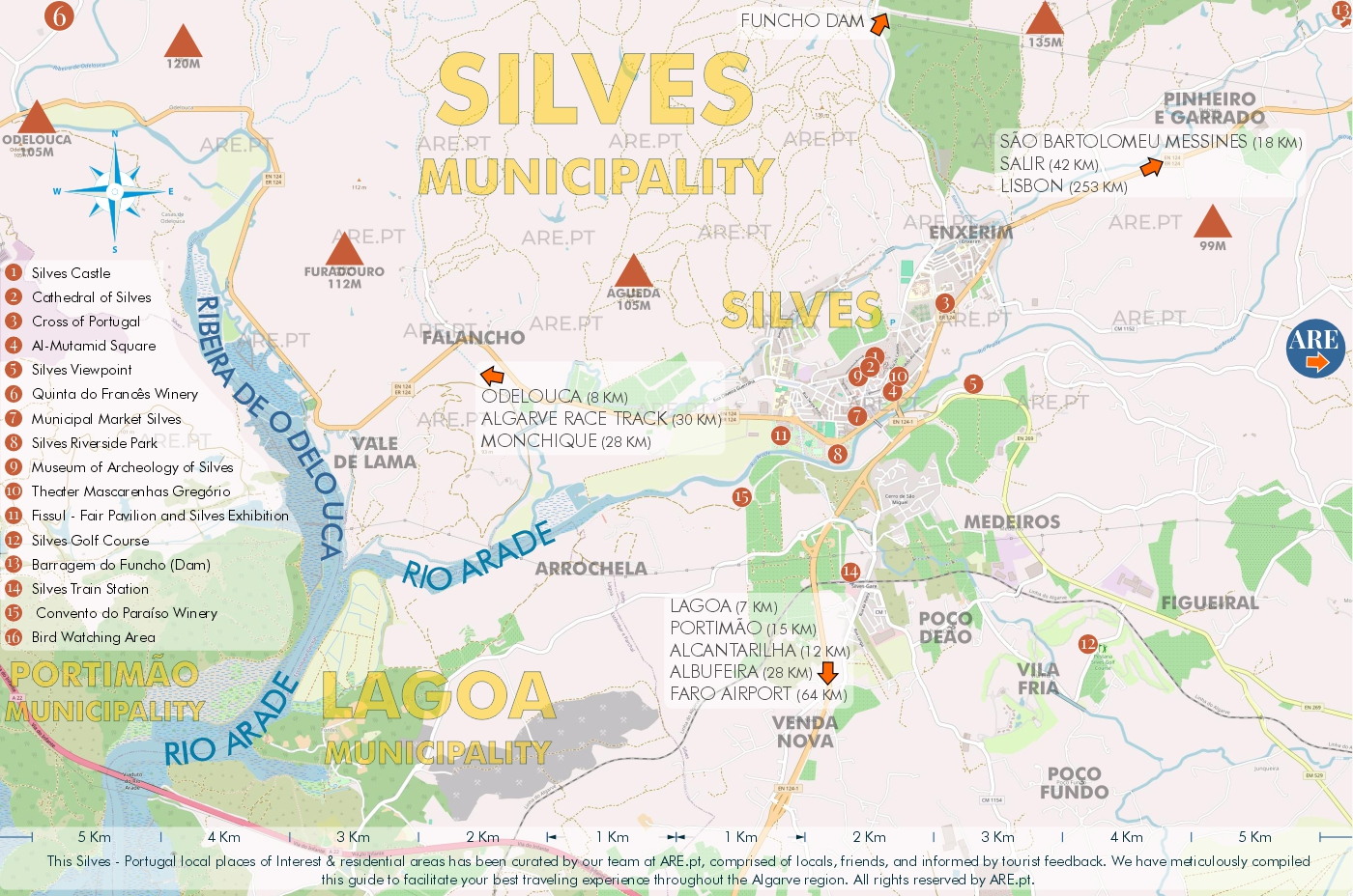 Mapa de Silves y alrededores, con principales puntos de interés, ubicaciones útiles y zonas residenciales. Distancias a las principales localidades del sur de Portugal