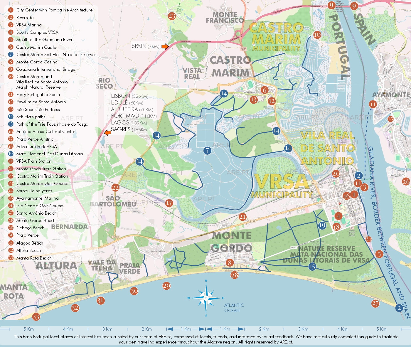 Mapa de Vila Real Santo António, Castro Marim y alrededores, con principales puntos de interés, ubicaciones útiles y zonas residenciales. Distancias a las principales localidades del sur de Portugal