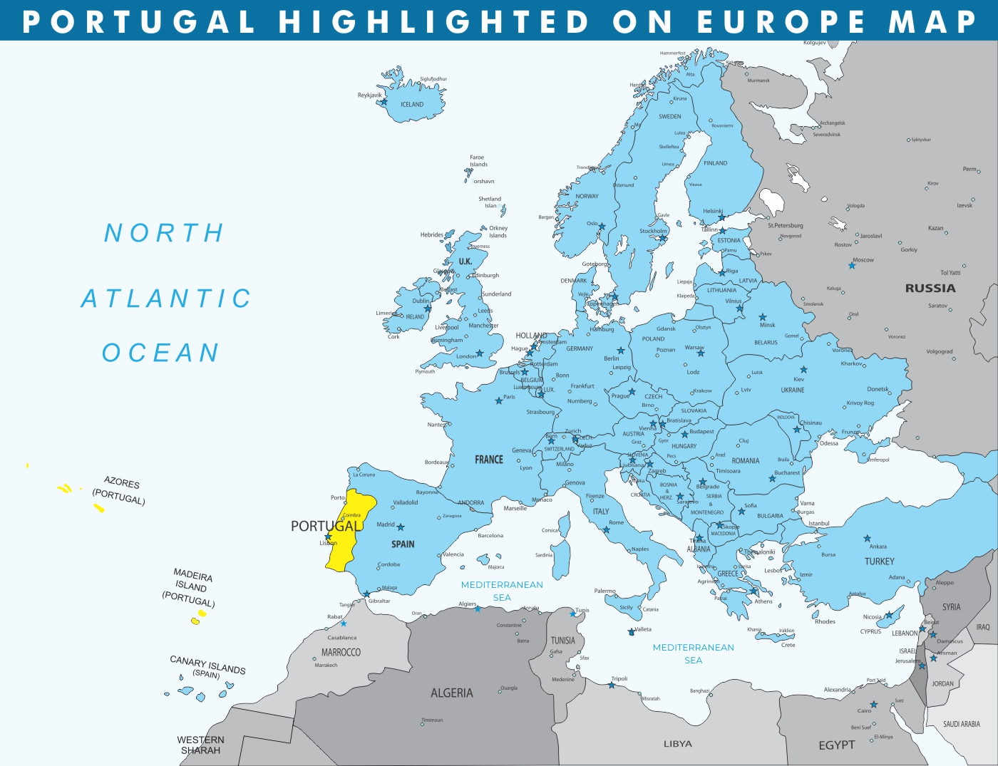 Portugal resaltado en el mapa de Europa