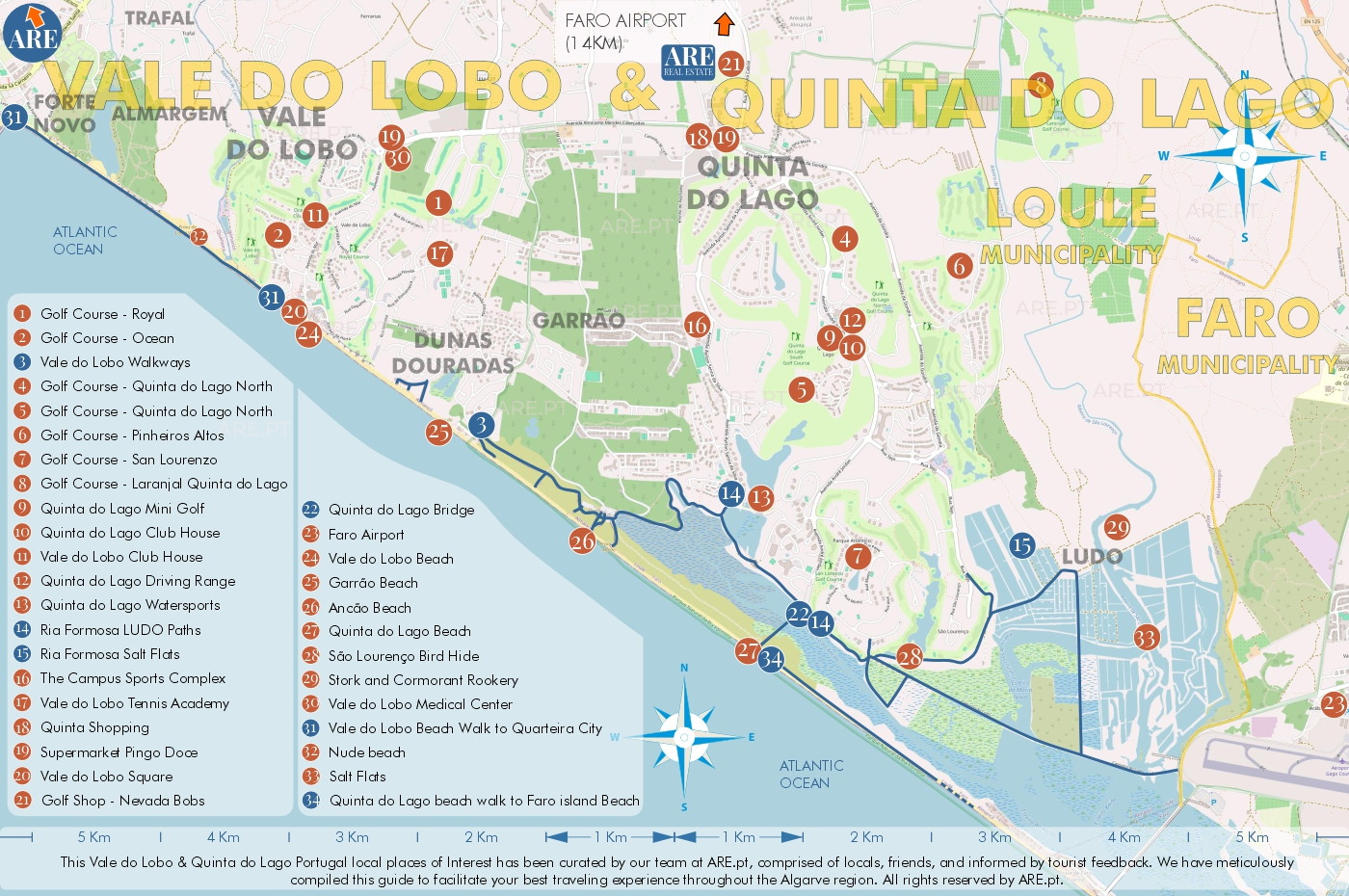 Carte des stations balnéaires de Vale do Lobo et Quinta do Lago et de leurs environs
