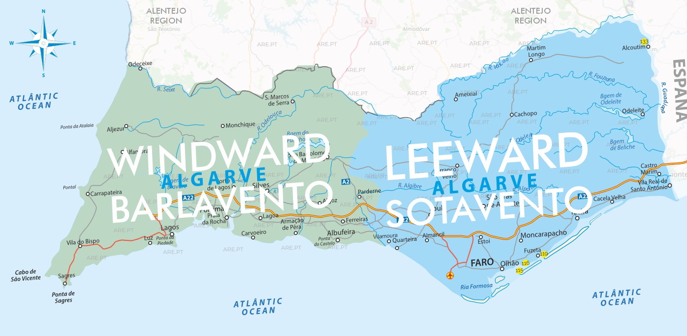 Bien que toute la région de l'Algarve soit plus chaude que le reste du Portugal, le Barlavento Algarvio (Algarve au vent), situé entre Albufeira et Sagres, est baigné par la côte ouest de l'Atlantique et plus exposé aux vents du nord. Le Sotavento Algarvio (Algarve sous le vent), s'étendant de Vilamoura à Loulé jusqu'à Vila Real de Santo António, est protégé des vents du nord par les montagnes de l'Algarve et bénéficie d'un climat à plus forte influence méditerranéenne en raison de sa proximité avec les eaux chaudes du golfe de Cadix.