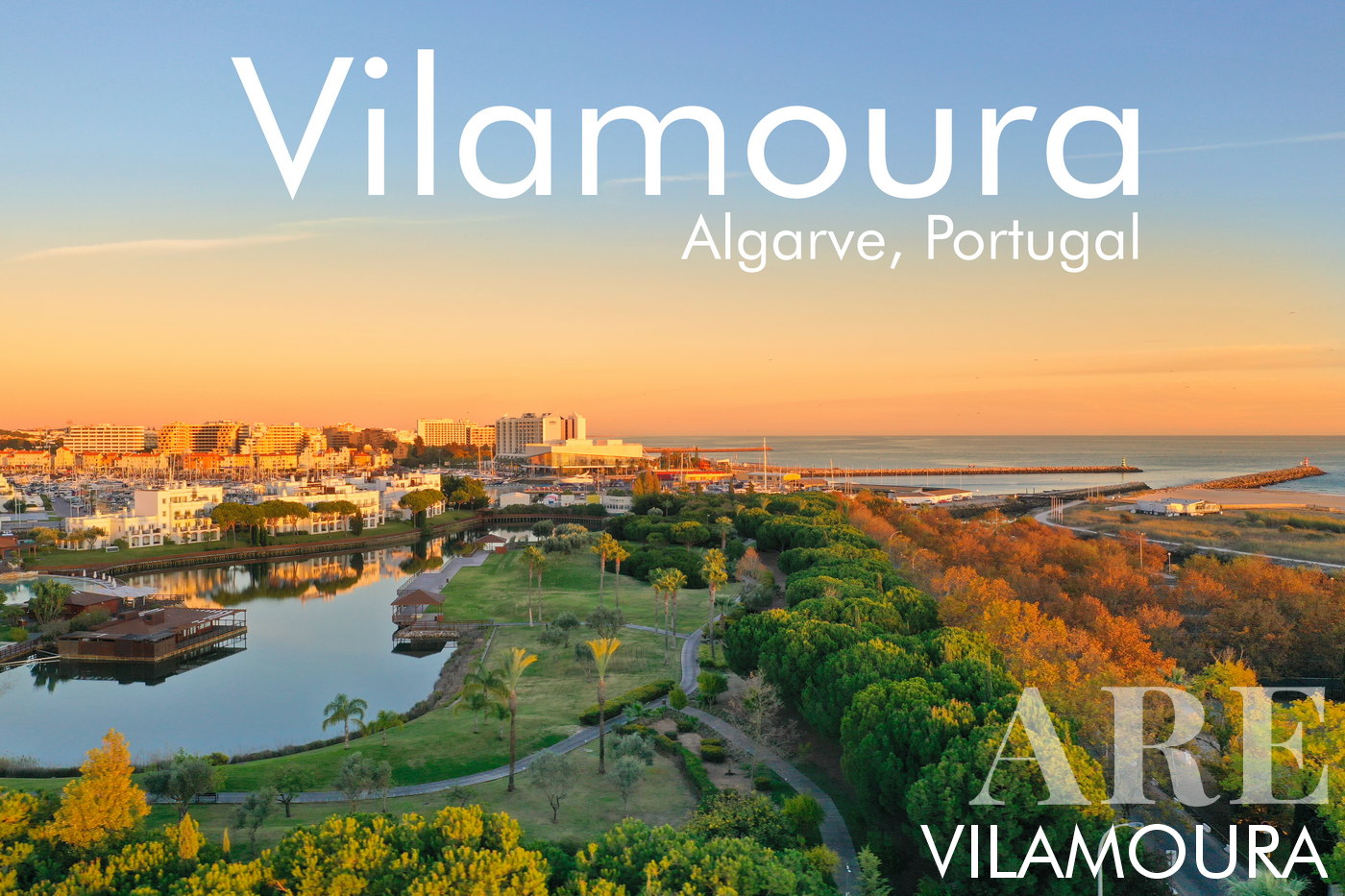 Vista aérea da vila de Vilamoura, Marina, hotéis e praia