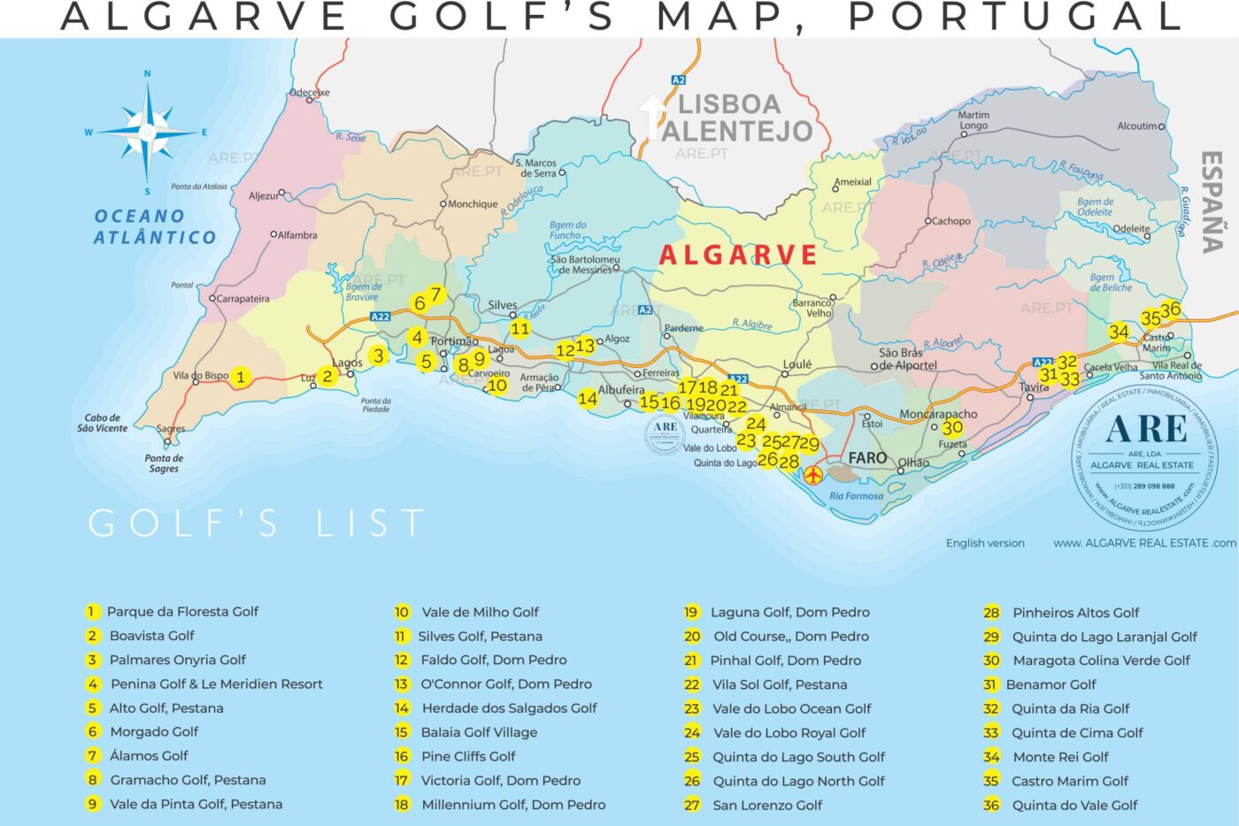 Map of the Algarve indicating 36 golf courses throughout the 16 municipalities.