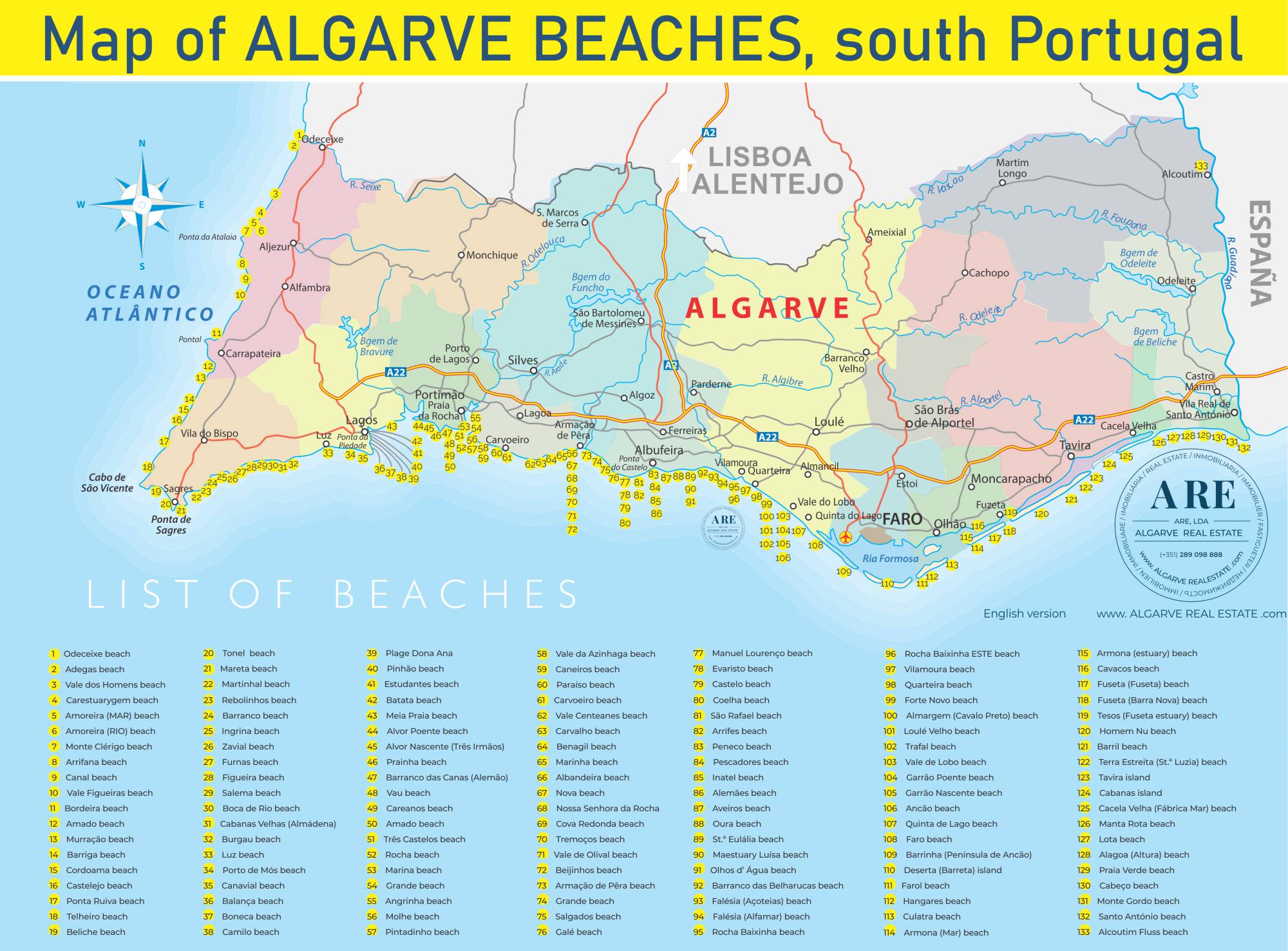 Mapa de las 133 playas del Algarve