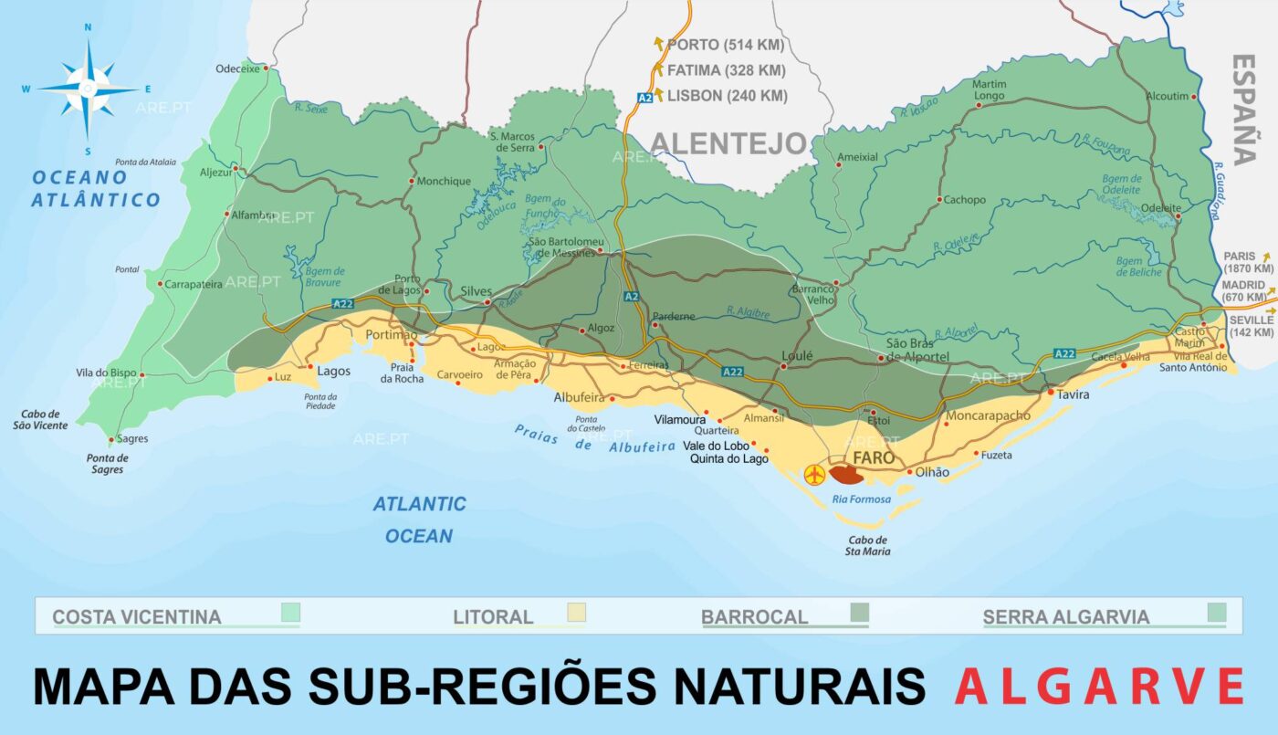 Map of the natural subregions of the Algarve: Costa Vicentina, Litoral Algarvio, Barrocal Algarvio and Serra Algarvia.