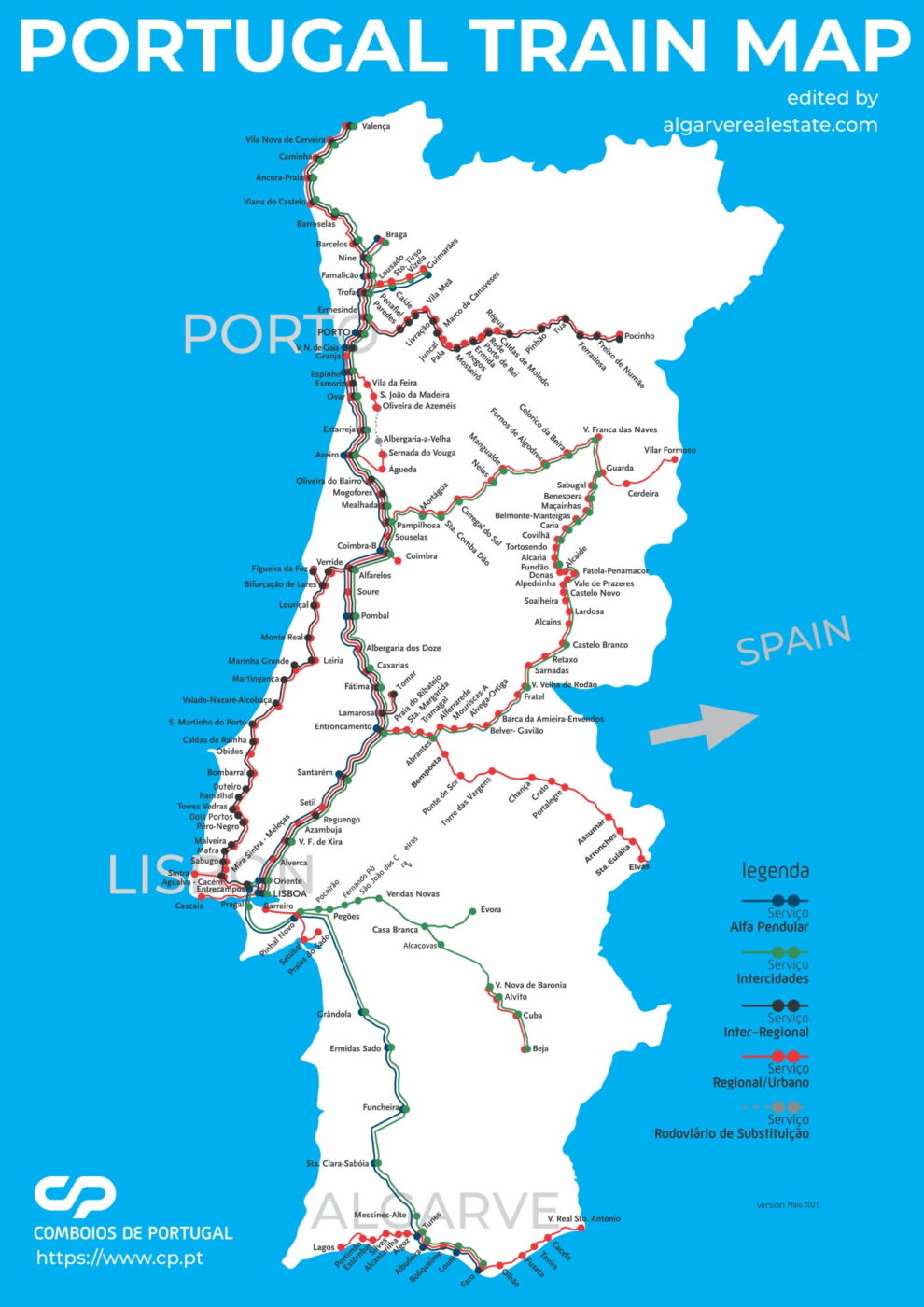 Map of Portugal showing the train lines, with different colors representing the various types of train services including fast trains, regional trains, and intercity trains