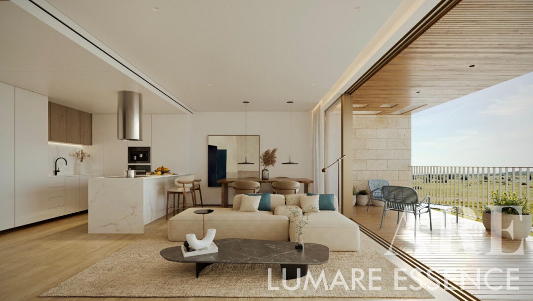 Lumare Essence Residences open plan living and dining room with direct access to the covered balcony