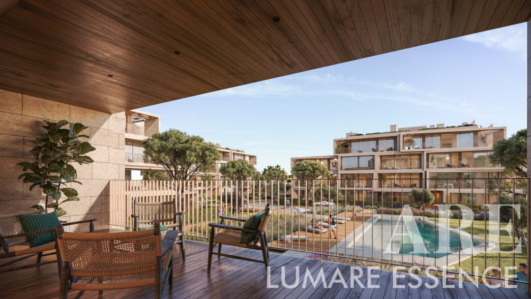 Covered balcony with panoramic views of the pool and garden