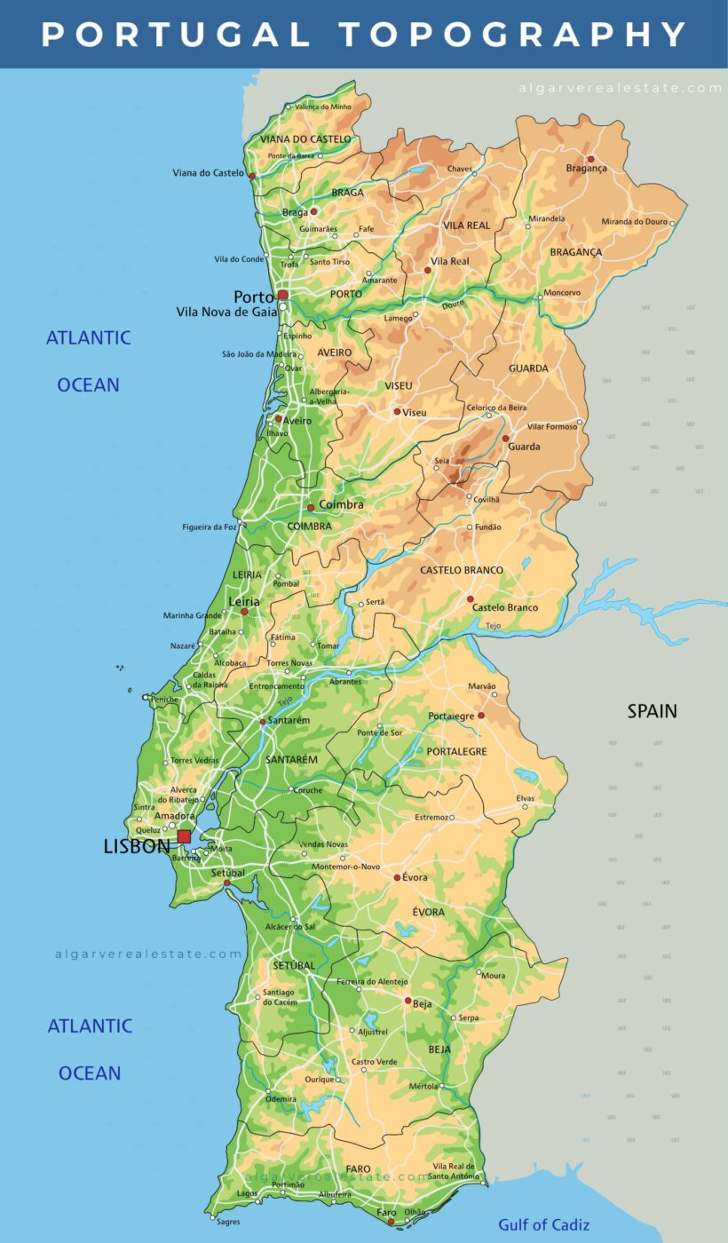Topographic map of Portugal, with rivers and main mountainous reliefs throughout the country