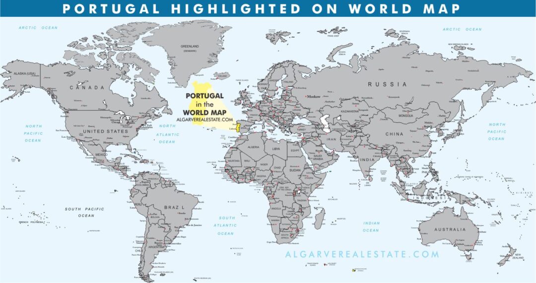 World map with Portugal highlighted in yellow