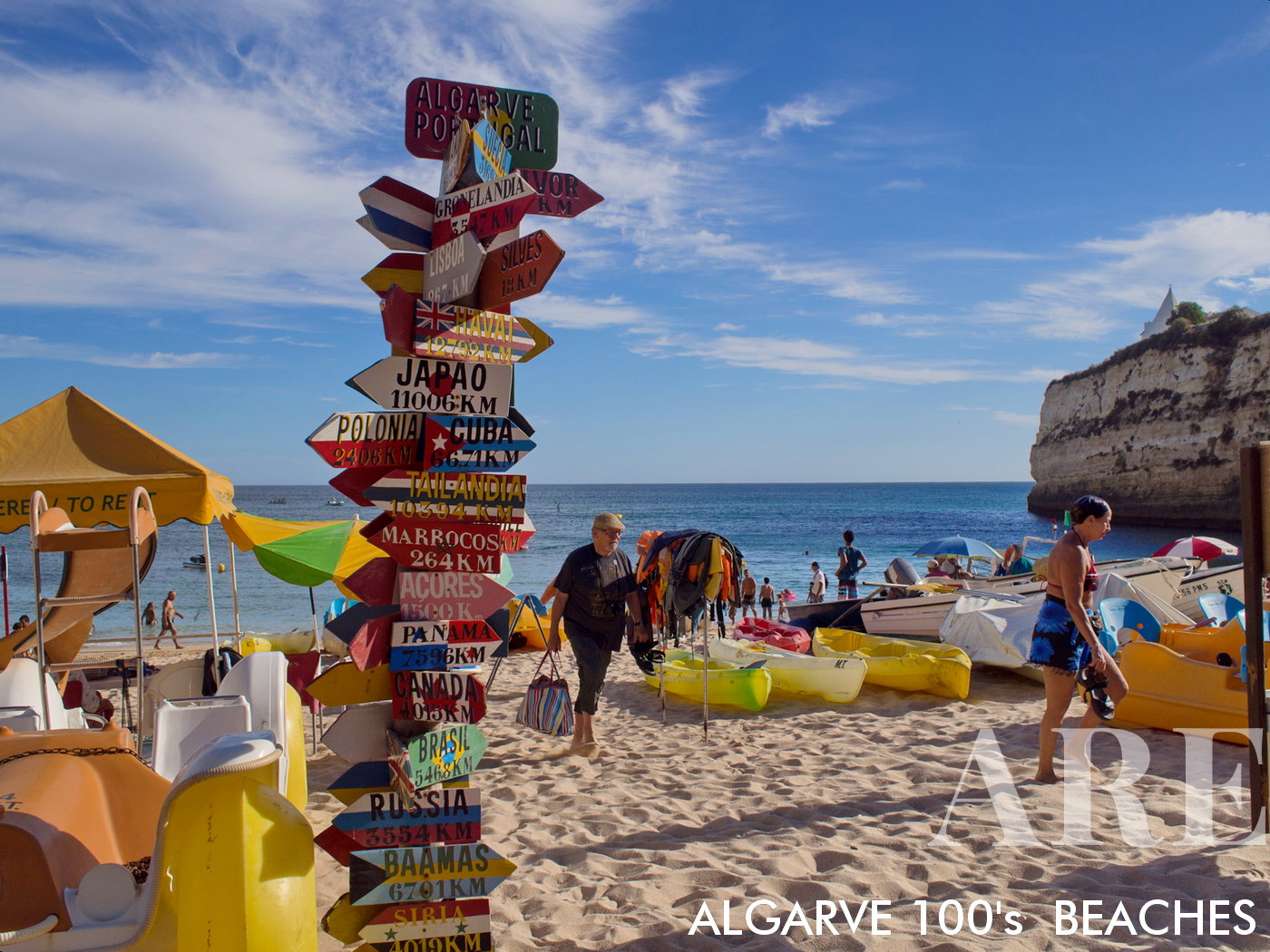 Praia Nossa Senhora da Rocha. Esses totens coloridos com distâncias mundiais continuam a fascinar as pessoas para tirar fotos...