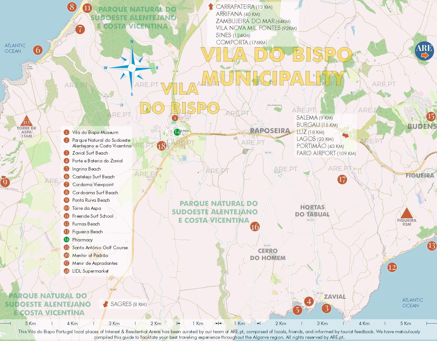 Mapa de Vila do Bispo e arredores, com principais pontos de interesse, localizações úteis e zonas residenciais. Distâncias às principais localidades do sul de Portugal