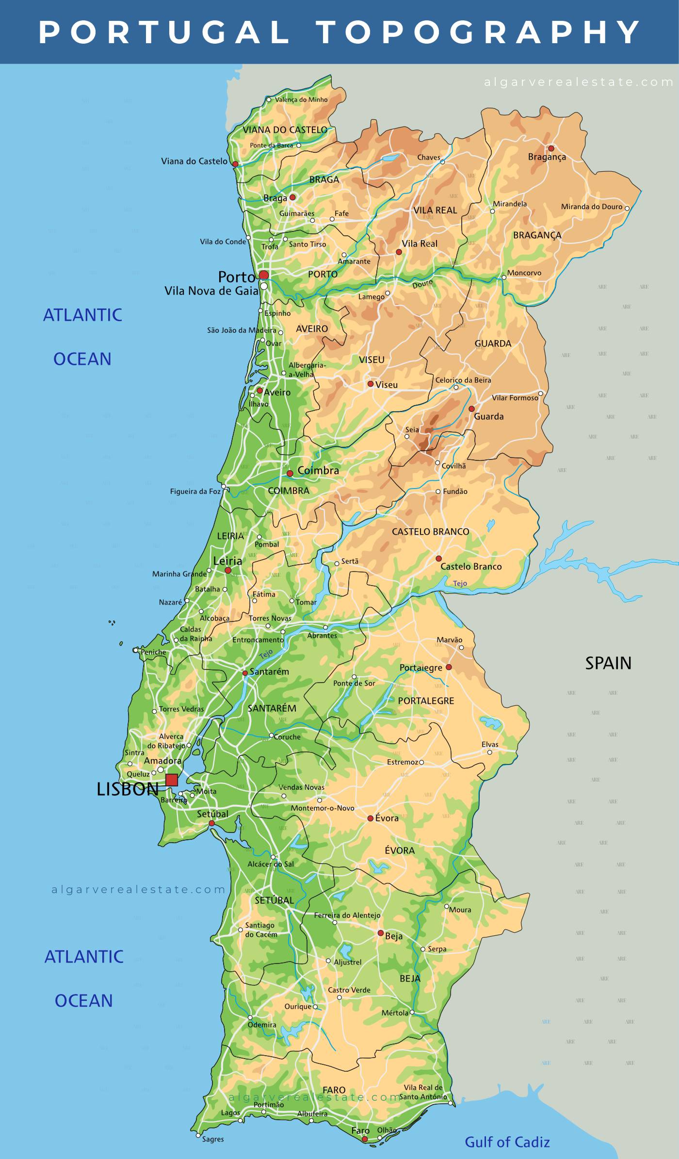 Mapa topográfico de Portugal, com rios e principais relevos montanhosos de todo o país