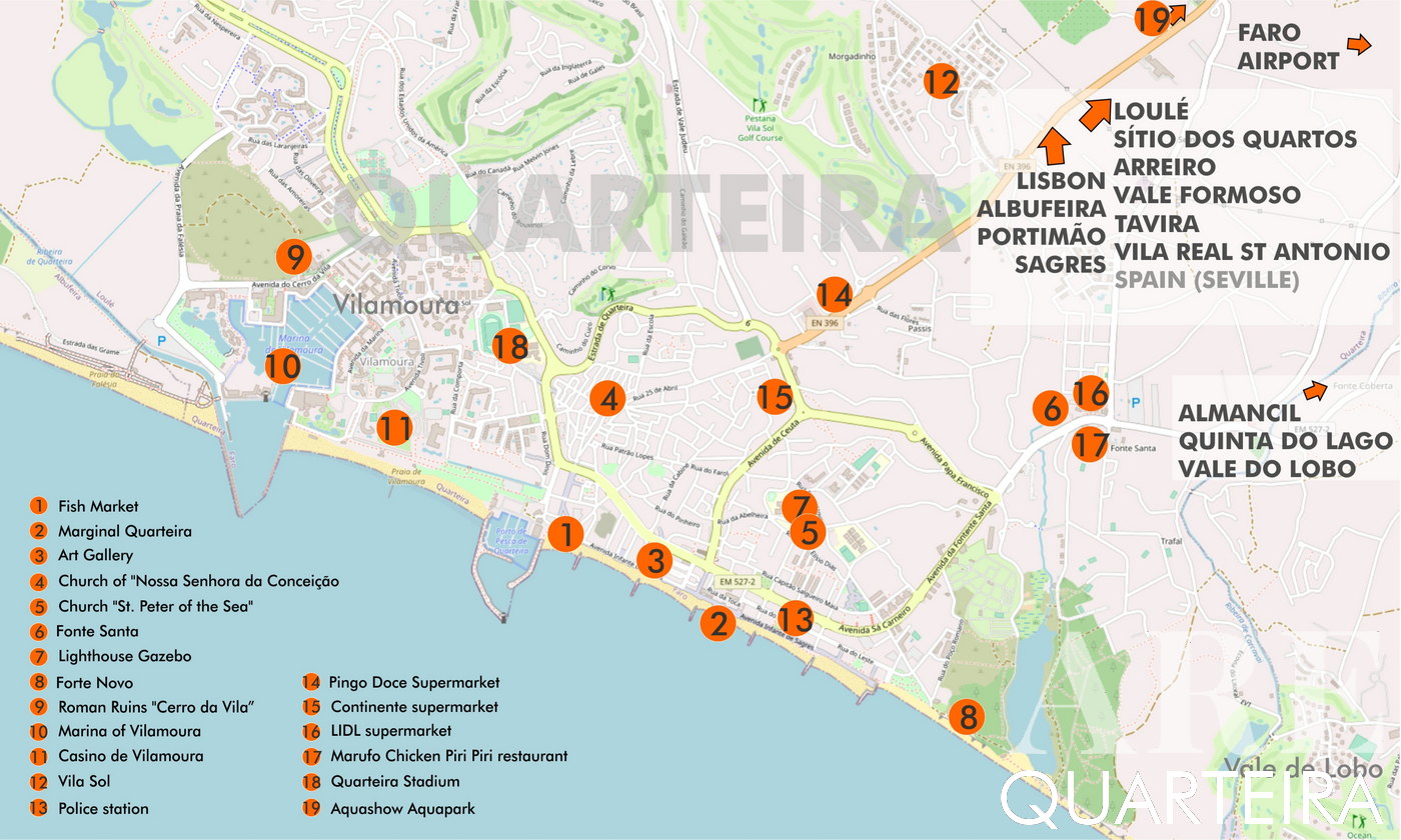 Quarteira Map Highlighting Noteworthy Locations