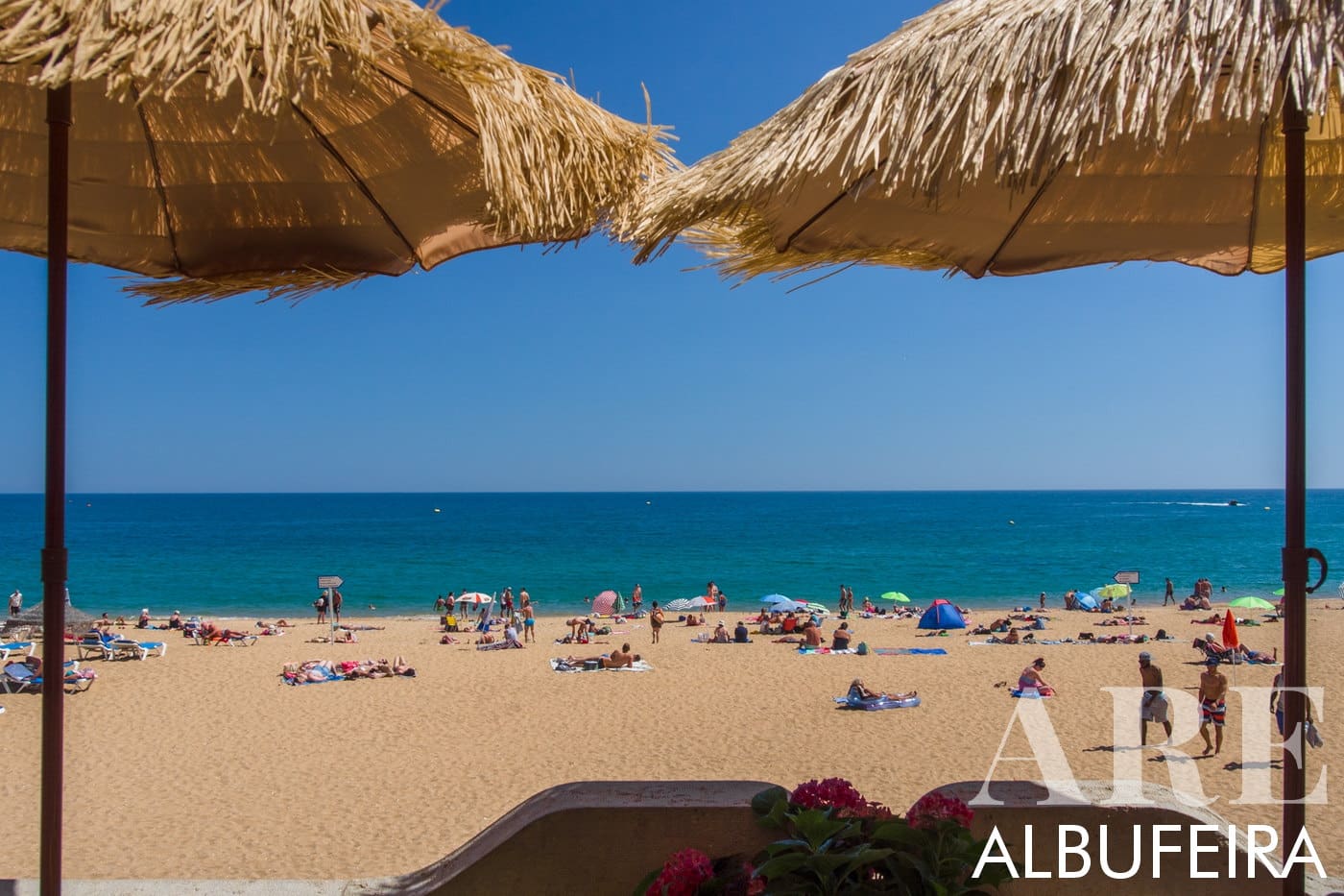 Imagem da praia de Albufeira capturada por baixo dos guarda-sóis, apresentando um primeiro plano arenoso, uma ampla vista para o mar e um céu sereno acima.