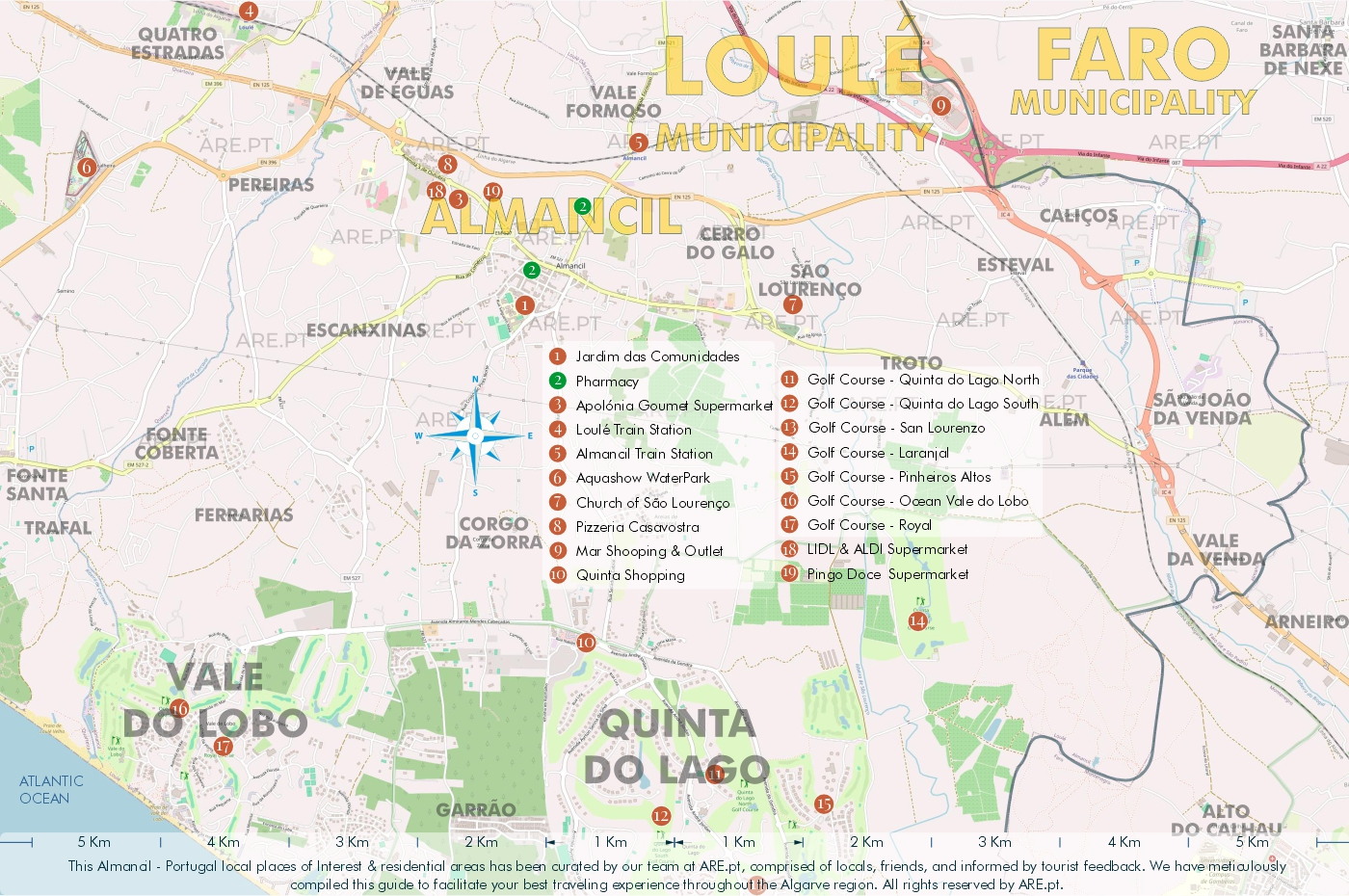 Map of Almancil and surroundings, with main points of interest, useful locations and residential areas. Distances to the main locations in the south of Portugal