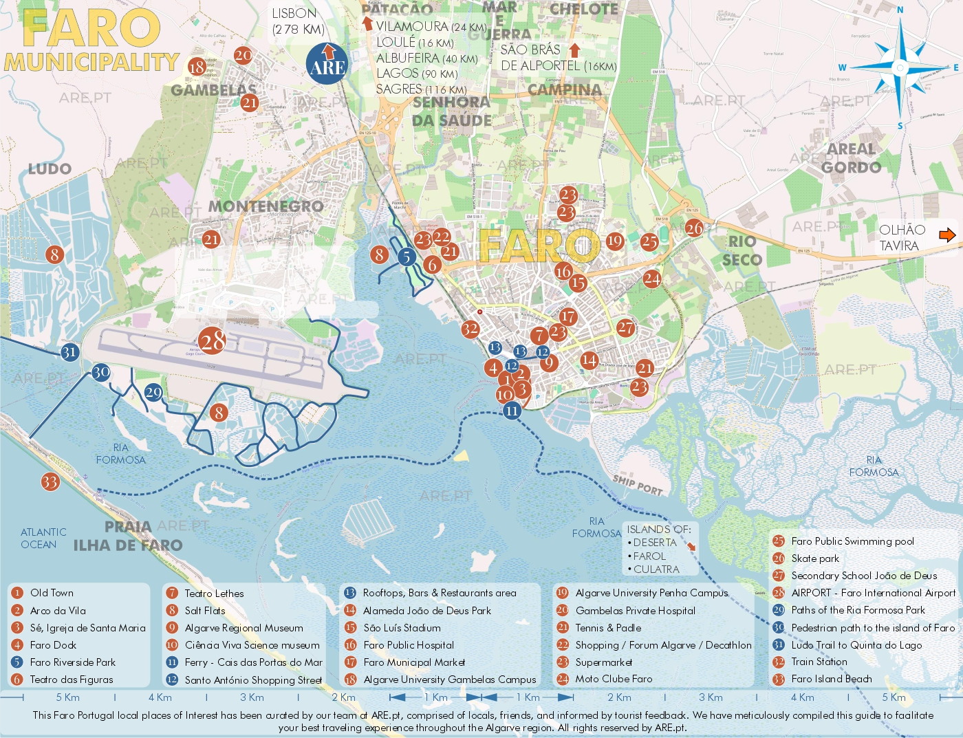 Map of Faro and surroundings, with main points of interest, useful locations and residential areas. Distances to the main locations in the south of Portugal