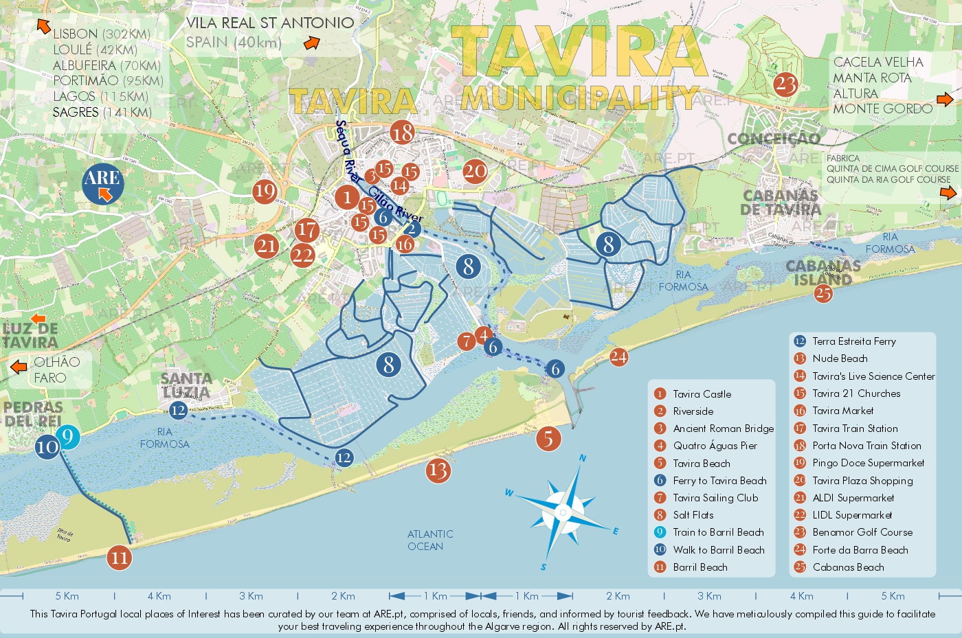 Map of Tavira and surroundings, with main points of interest, useful locations and residential areas. Distances to the main locations in the south of Portugal