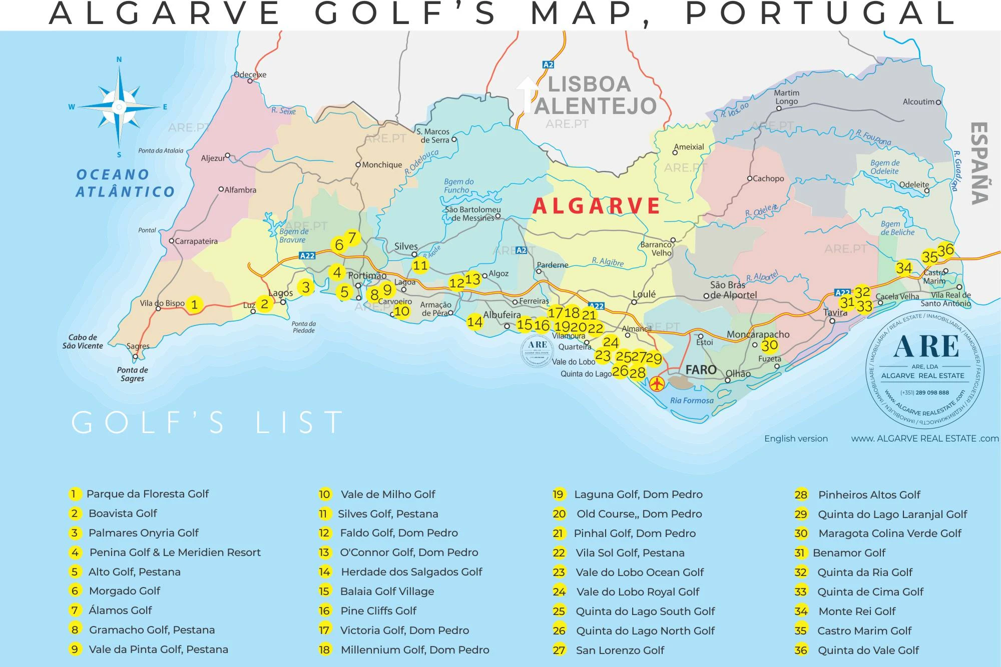 Map of golf courses in the Algarve, Portugal